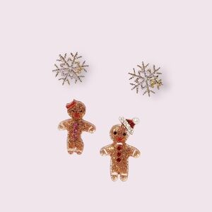 Betsey Johnson Christmas Brown Gingerbread & Snowflake Stud Earrings Set